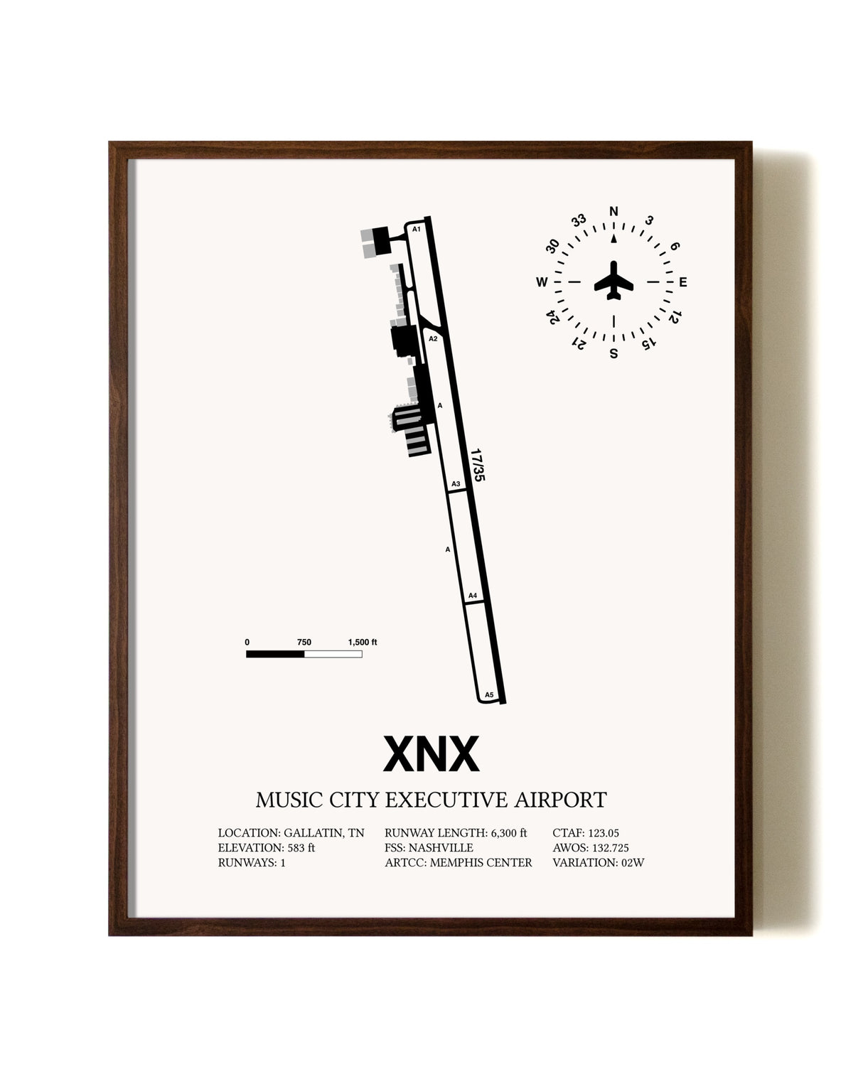Music City Executive Airport aviation print in walnut frame