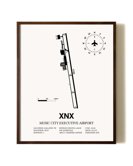 Music City Executive Airport aviation print in walnut frame