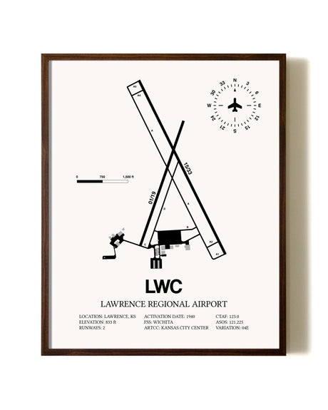 Lawrence Regional Airport aviation print in walnut frame