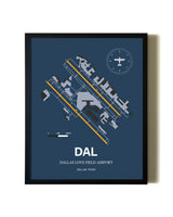 Blue and Yellow Framed Dallas Love Field Airport wall art poster in black frame
