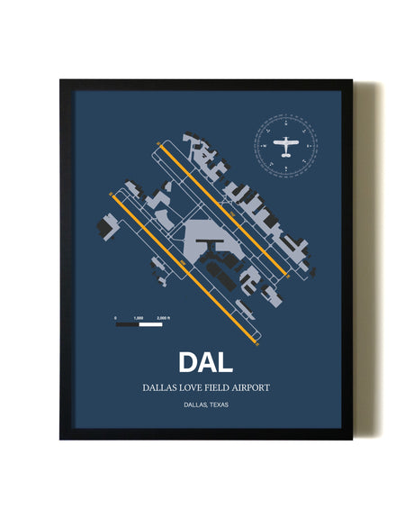 Blue and Yellow Framed Dallas Love Field Airport wall art poster in black frame