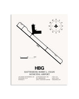Gray Hattiesburg Bobby L. Chain Municipal Airport framed poster displayed in an airplane hangar