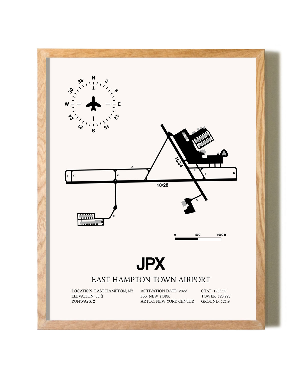 East Hampton Town Airport framed print in natural wood frame