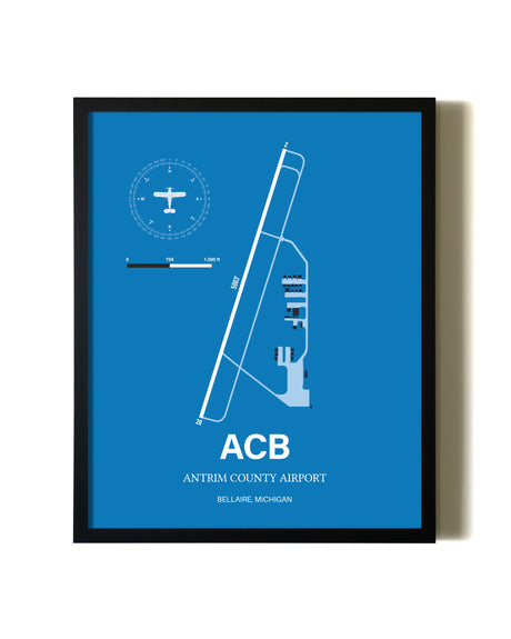 Sky Blue Antrim County Airport aviation wall décor in black wood frame