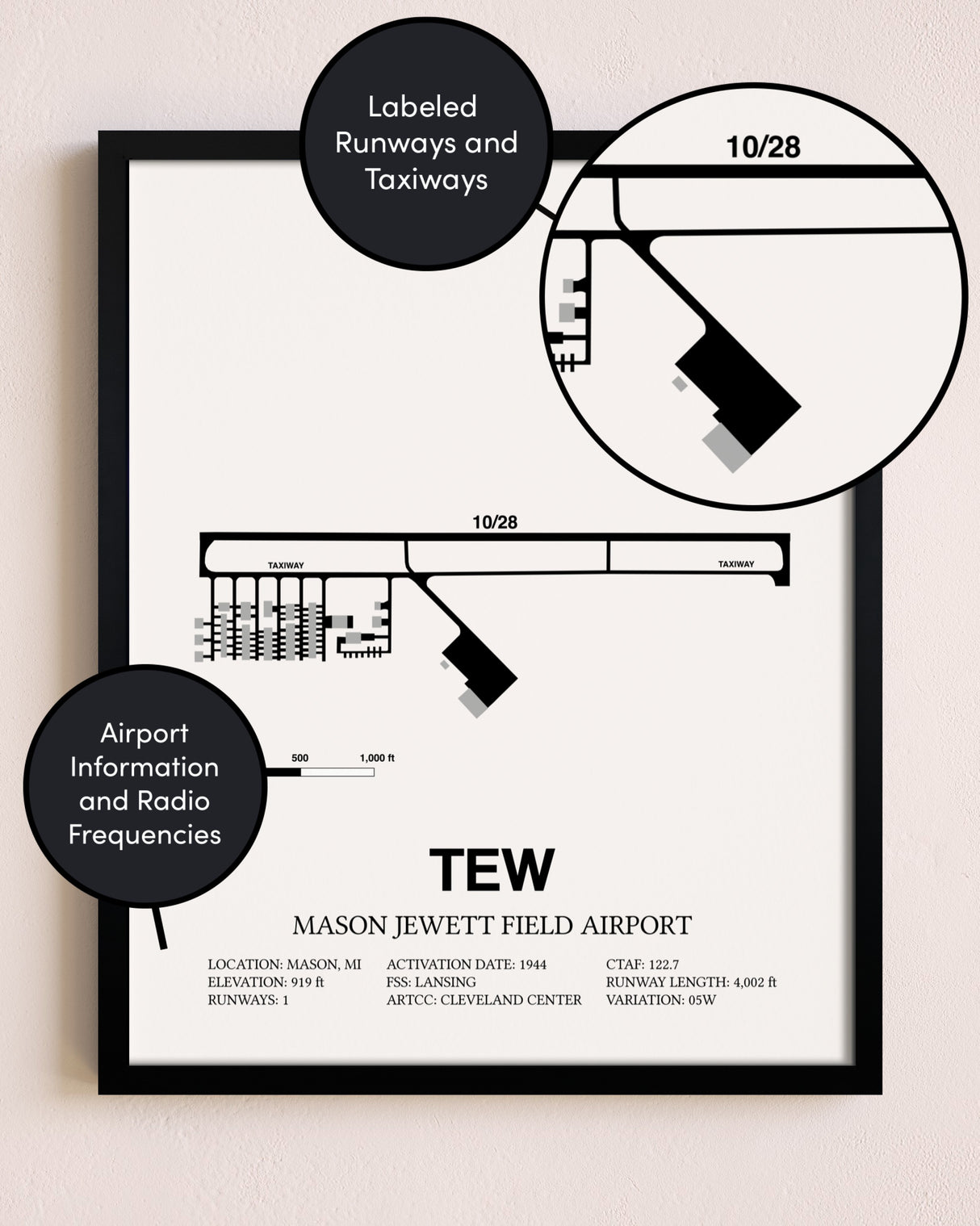 Framed Mason Jewett Field Airport layout wall art poster