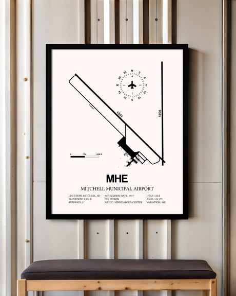 Mitchell Municipal Airport framed poster displayed in an airplane hangar