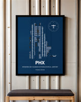 Phoenix Sky Harbor International Airport framed poster displayed in an airplane hangar