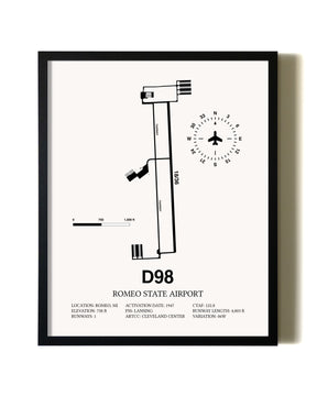 Framed Romeo State Airport wall art poster in black frame