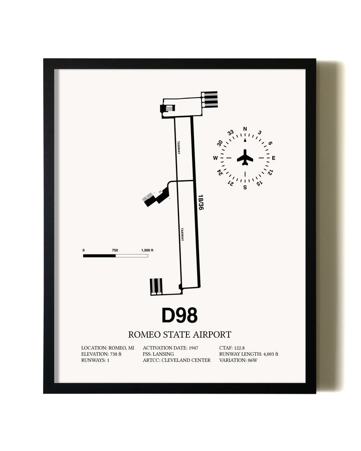 Framed Romeo State Airport wall art poster in black frame
