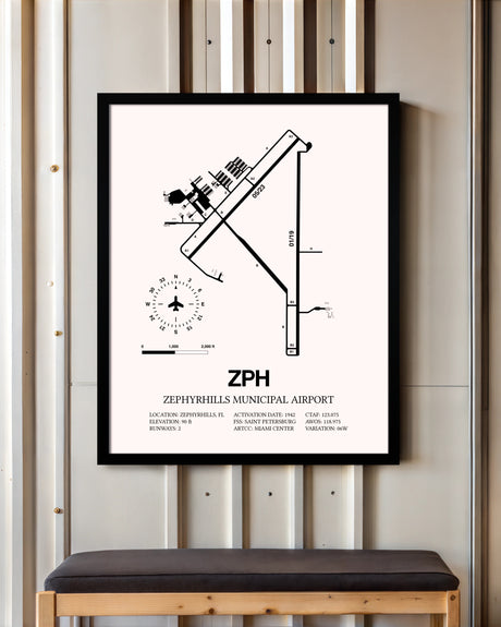 Zephyrhills Municipal Airport framed poster displayed in an airplane hangar