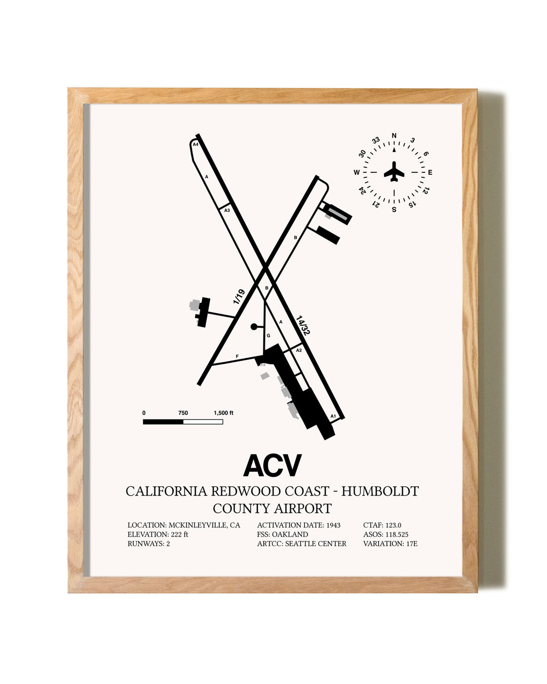 California Redwood Coast - Humboldt County Airport framed print in natural wood frame
