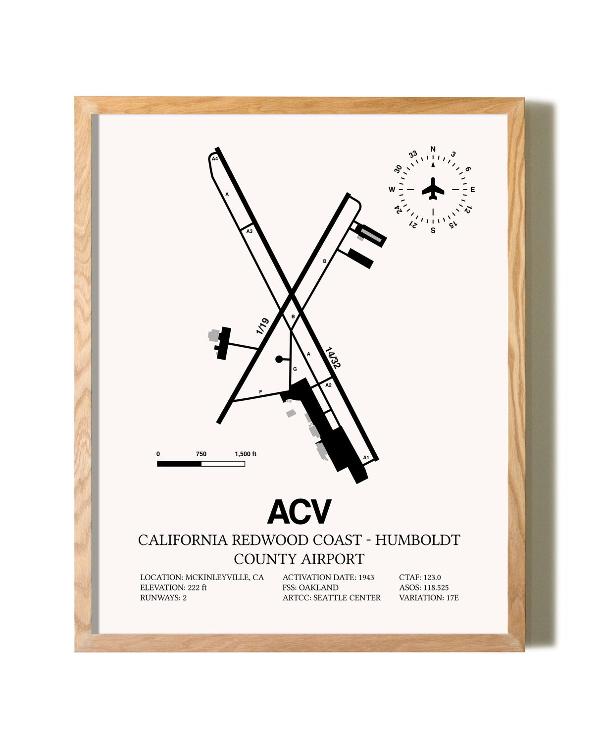 California Redwood Coast - Humboldt County Airport framed print in natural wood frame