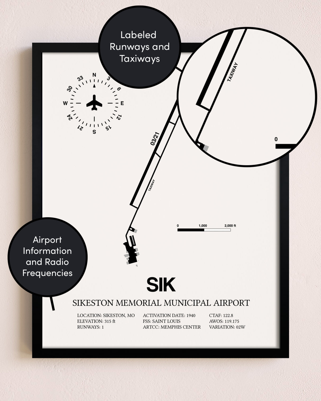 Framed Sikeston Memorial Municipal Airport layout wall art poster