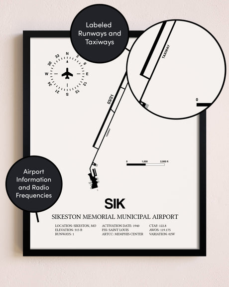 Framed Sikeston Memorial Municipal Airport layout wall art poster