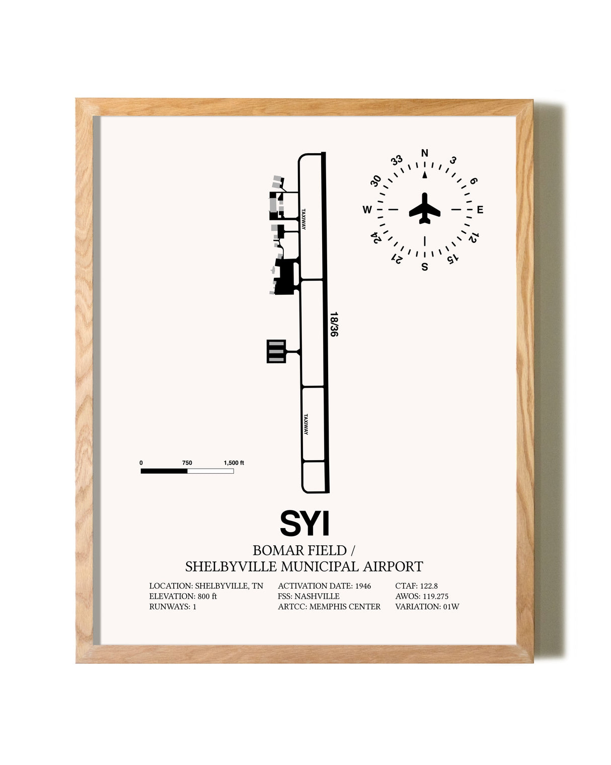 Bomar Field / Shelbyville Municipal Airport framed print in natural wood frame