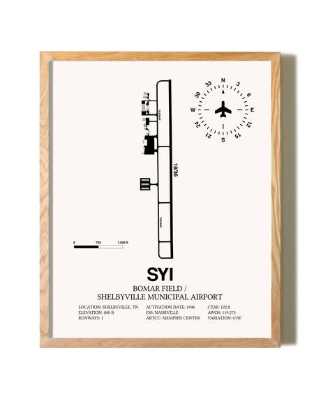 Bomar Field / Shelbyville Municipal Airport framed print in natural wood frame