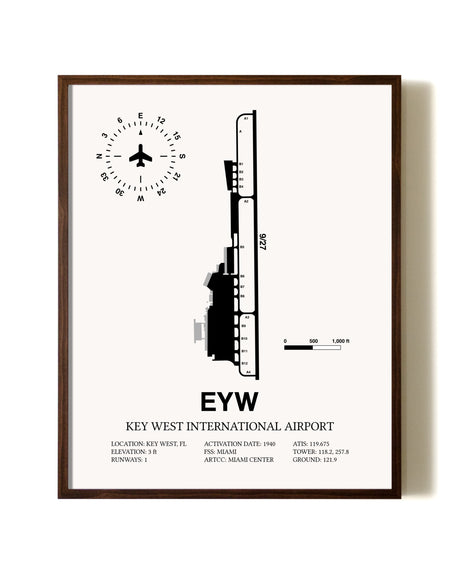 Key West International Airport aviation print in walnut frame