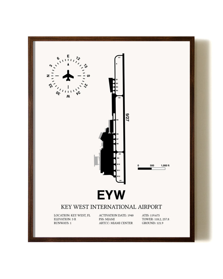 Key West International Airport aviation print in walnut frame