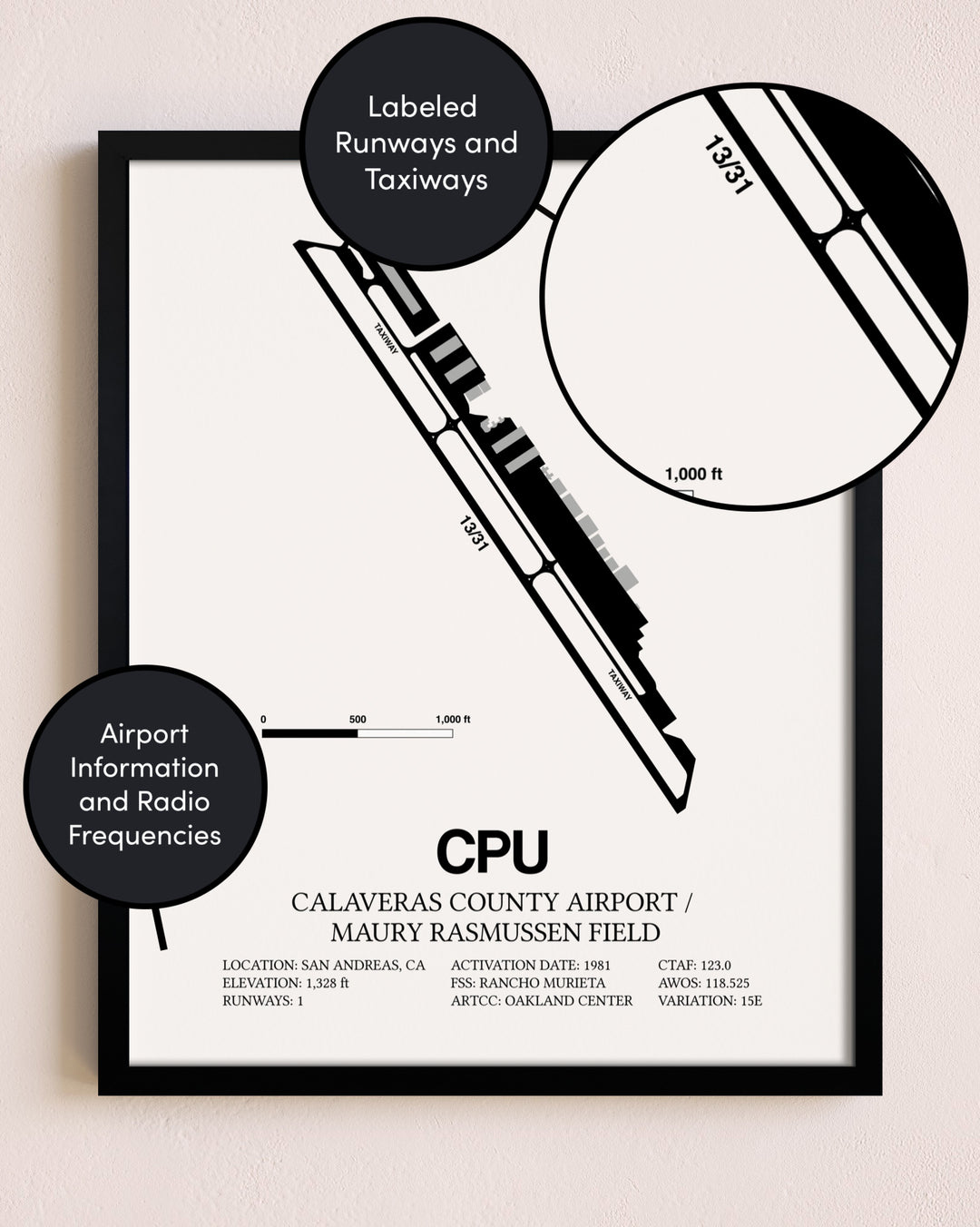 Framed Calaveras County Airport / Maury Rasmussen Field layout wall art poster