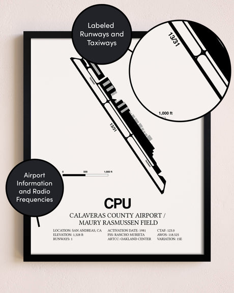 Framed Calaveras County Airport / Maury Rasmussen Field layout wall art poster