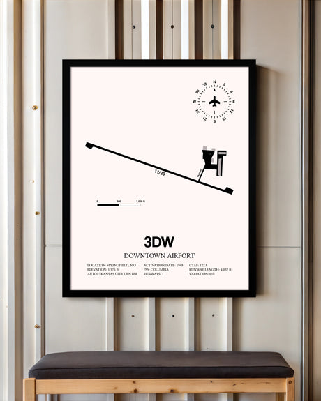 Downtown Airport framed poster displayed in an airplane hangar