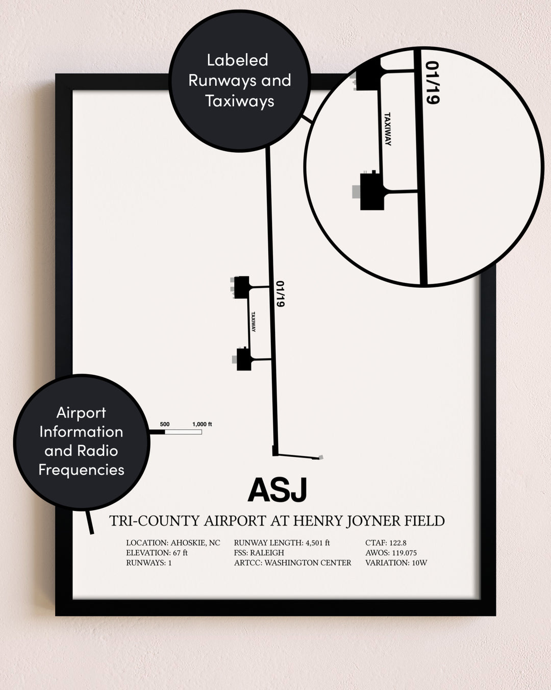 Framed Tri-County Airport At Henry Joyner Field layout wall art poster
