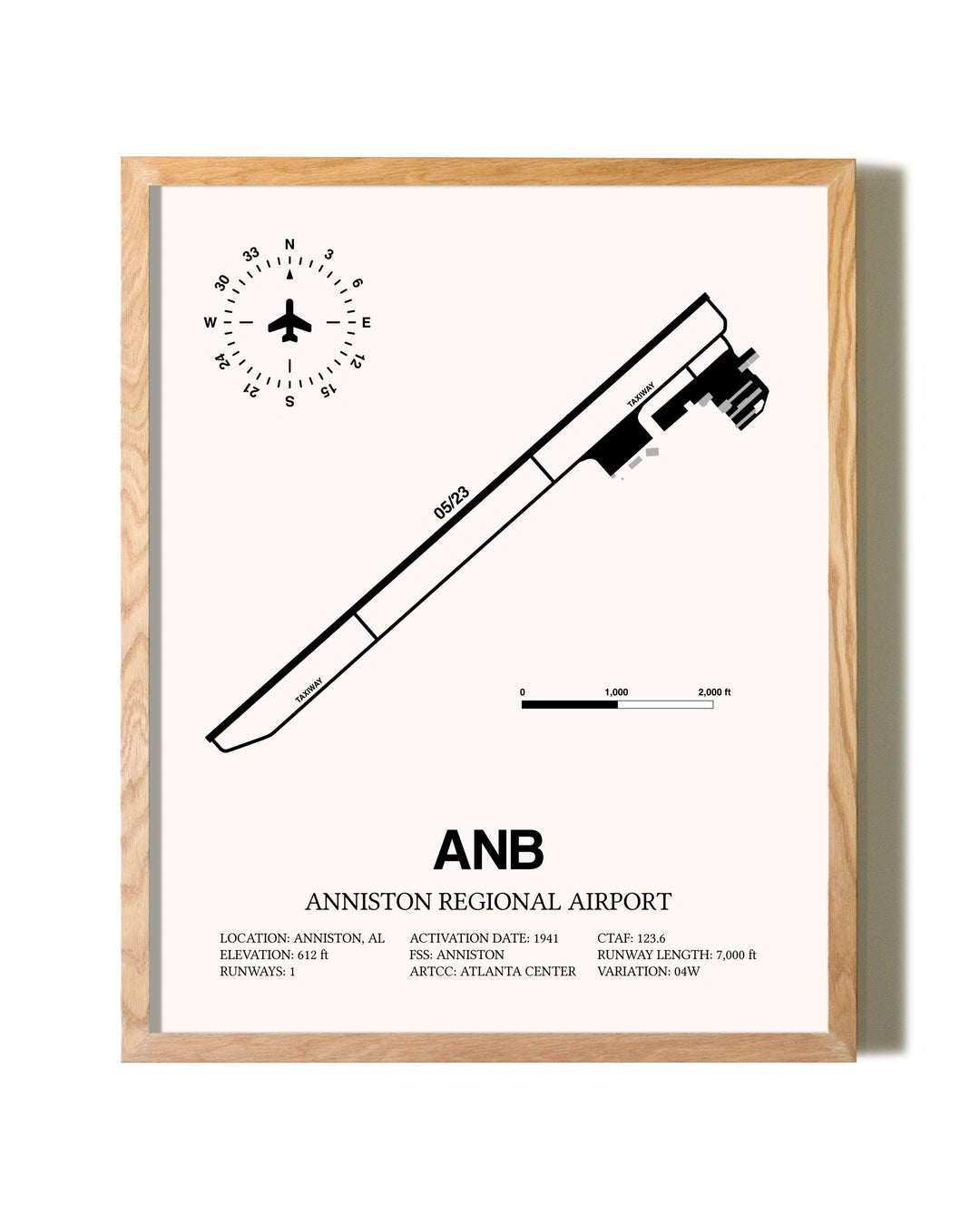 Anniston Regional Airport framed print in natural wood frame