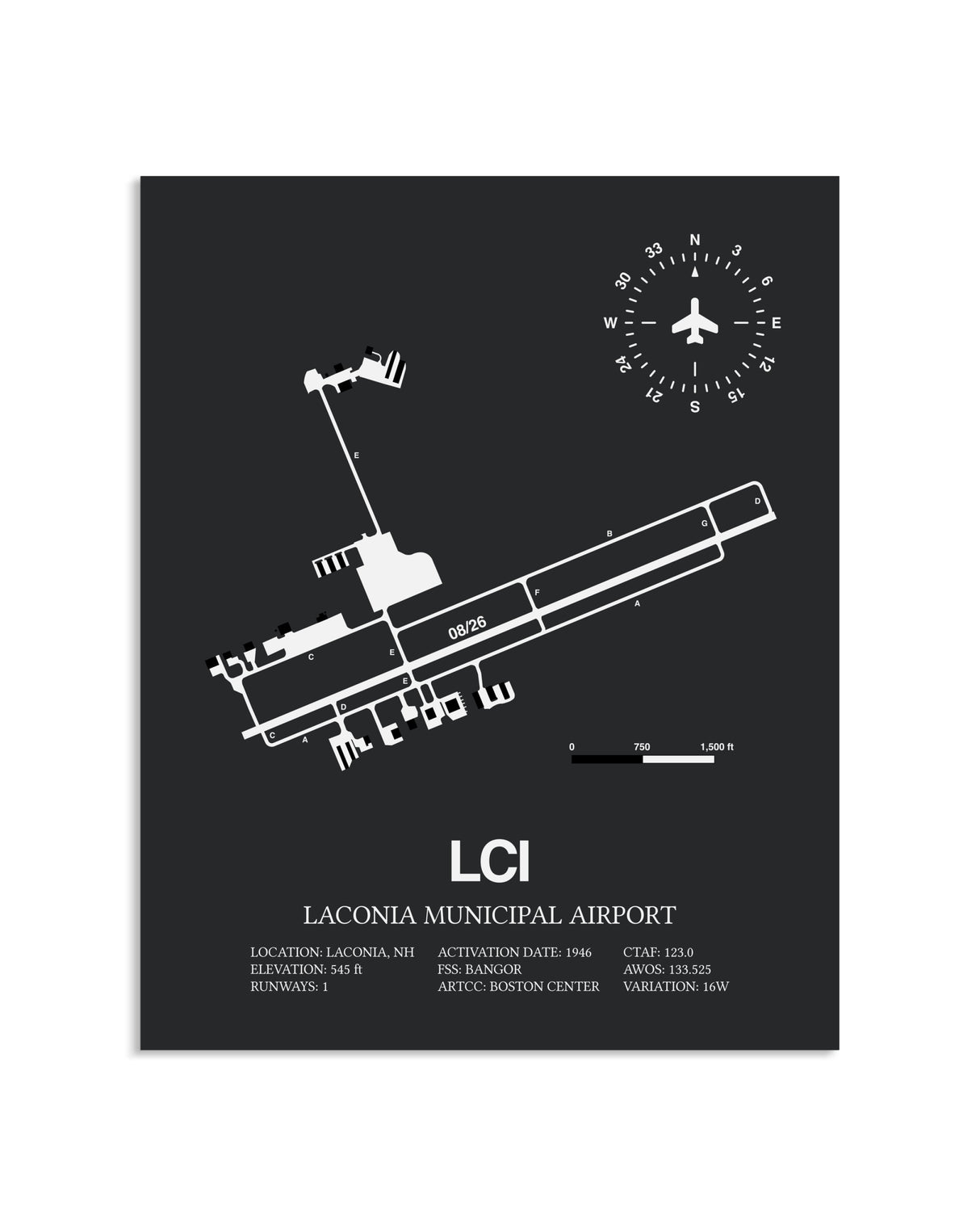 Gray Framed Laconia Municipal Airport layout wall art poster