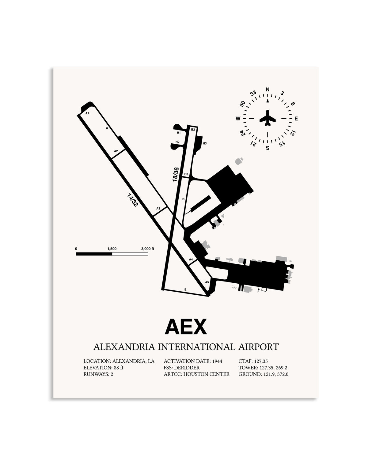 Gray Alexandria International Airport framed poster displayed in an airplane hangar