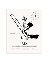 Gray Alexandria International Airport framed poster displayed in an airplane hangar