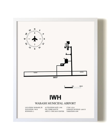 Wabash Municipal Airport airport map poster in oak frame