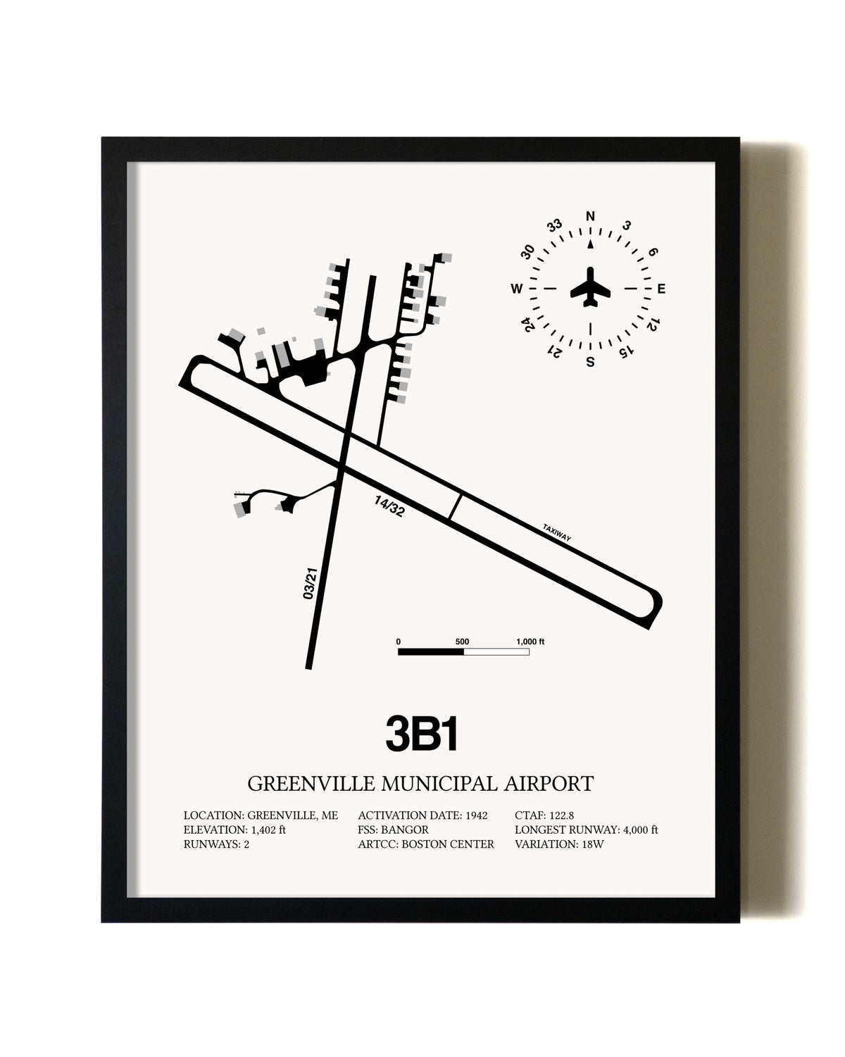 Framed Greenville Municipal Airport wall art poster in black frame