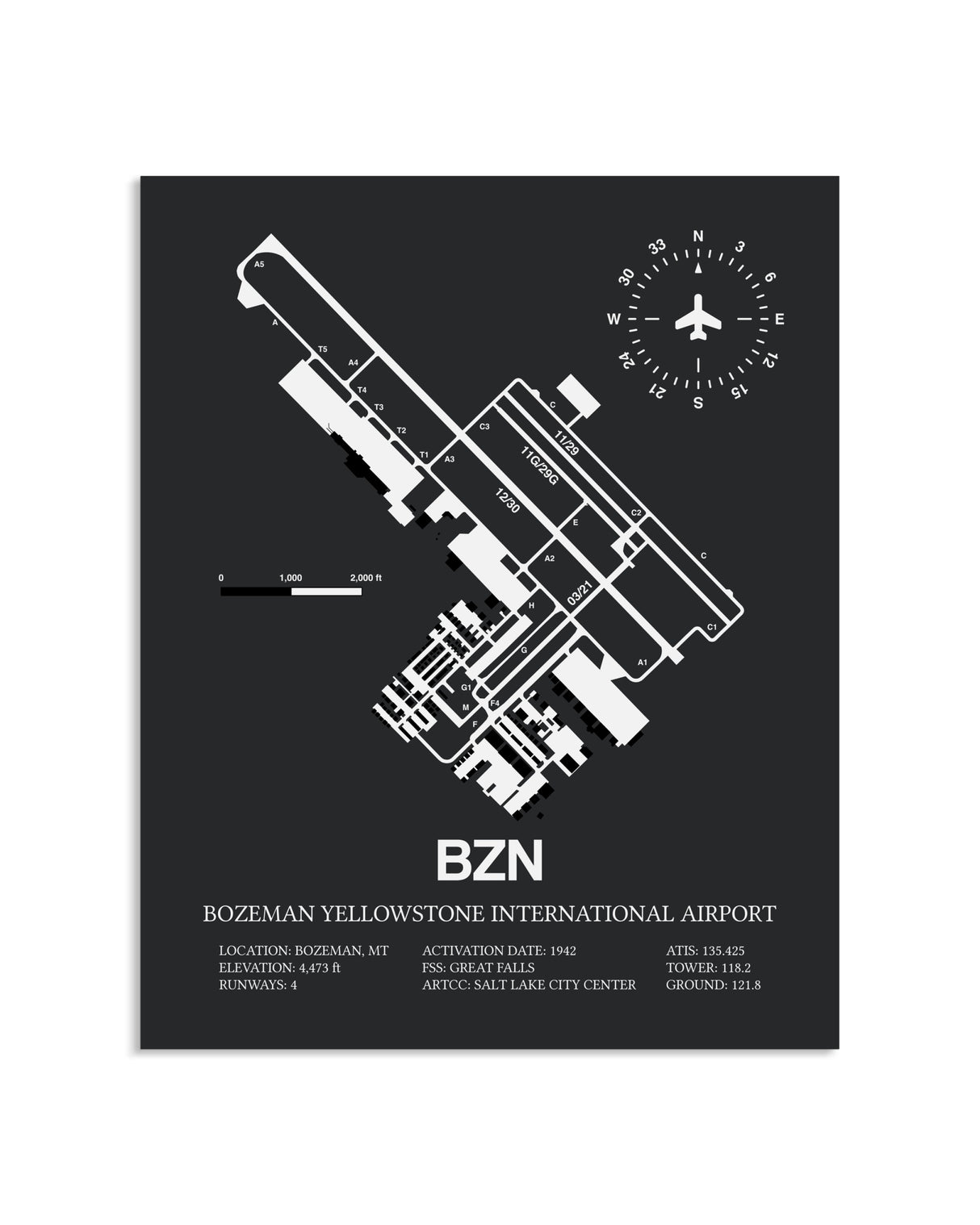 Gray Framed Bozeman Yellowstone International Airport layout wall art poster