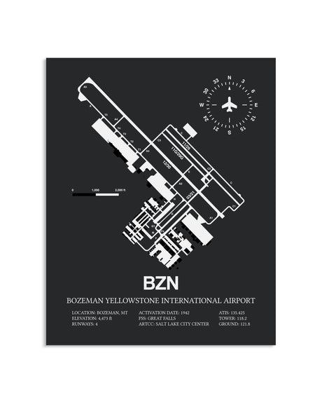 Gray Framed Bozeman Yellowstone International Airport layout wall art poster