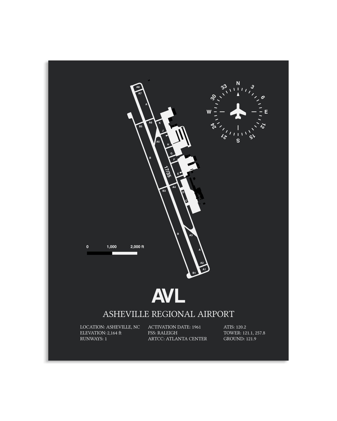 Gray Framed Asheville Regional Airport layout wall art poster