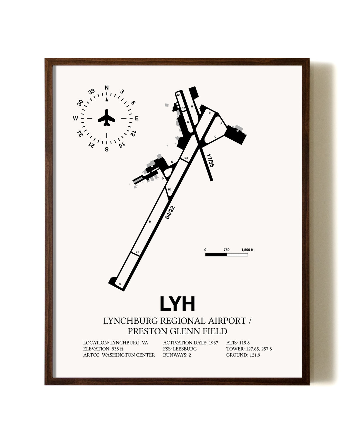 Lynchburg Regional Airport / Preston Glenn Field aviation print in walnut frame
