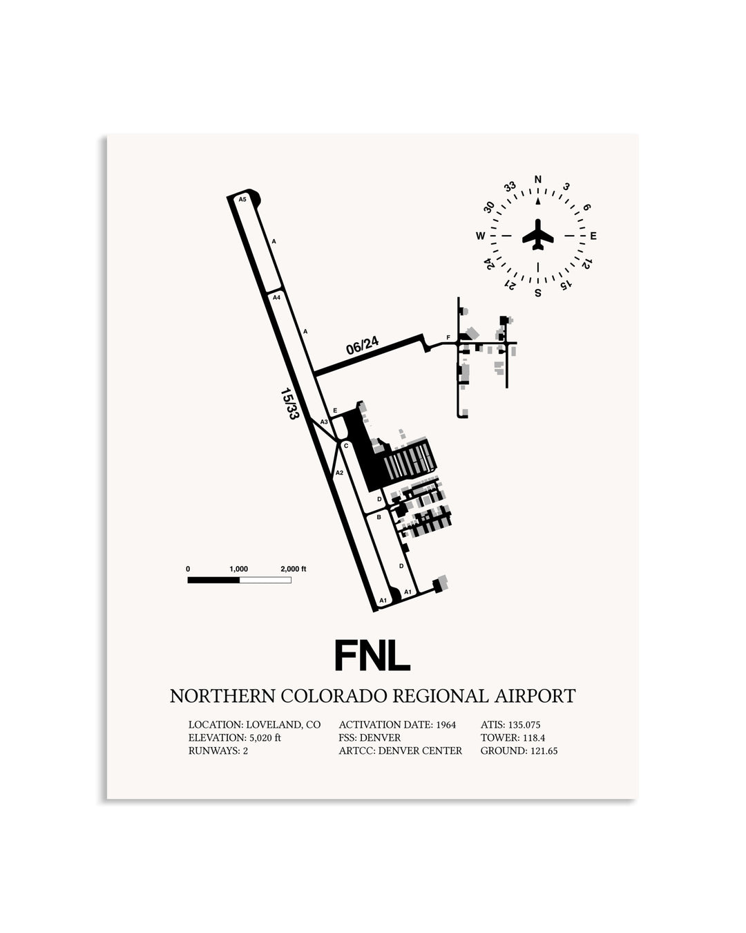 Gray Northern Colorado Regional Airport framed poster displayed in an airplane hangar