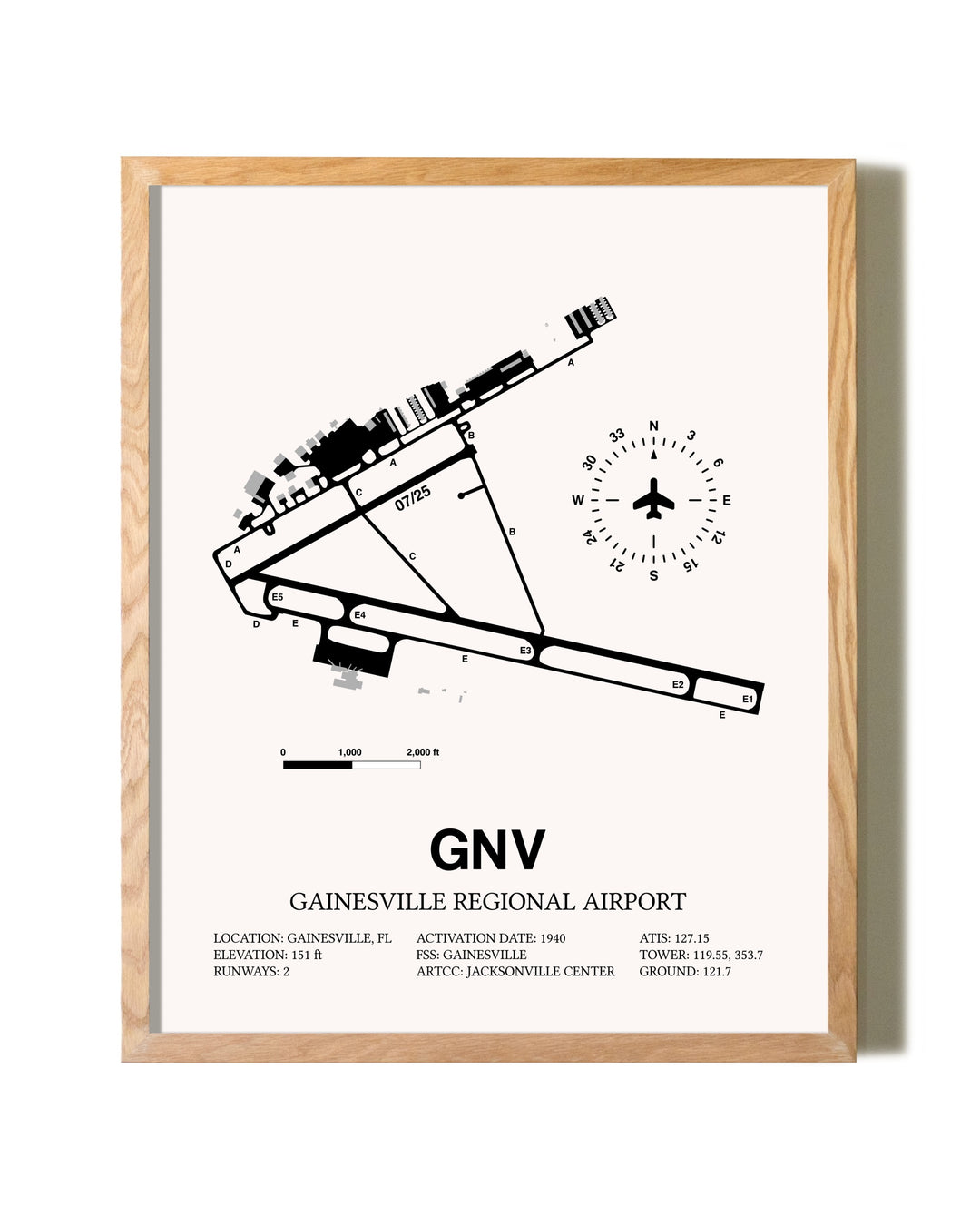 Gainesville Regional Airport framed print in natural wood frame