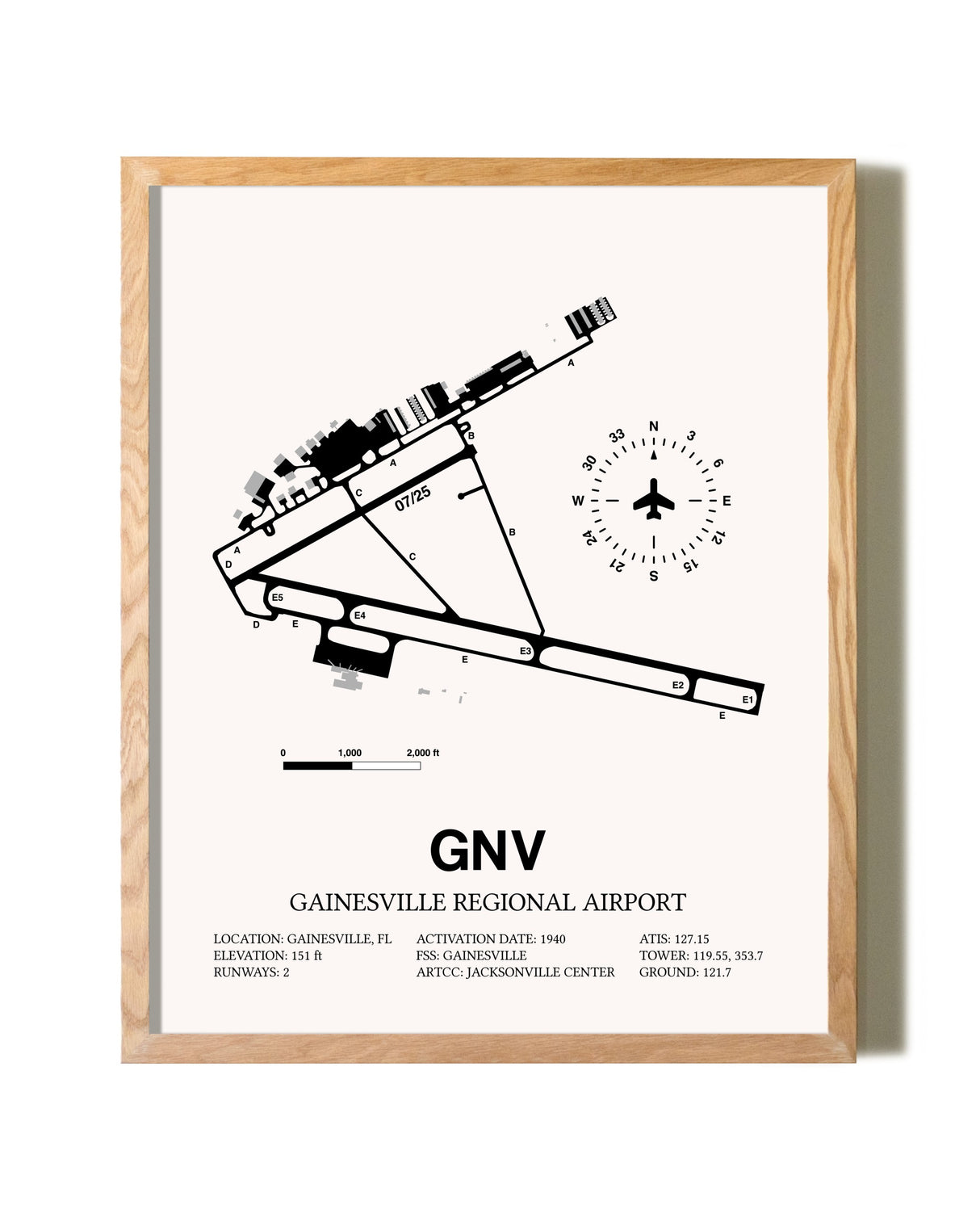 Gainesville Regional Airport framed print in natural wood frame