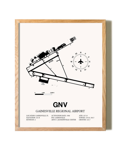 Gainesville Regional Airport framed print in natural wood frame