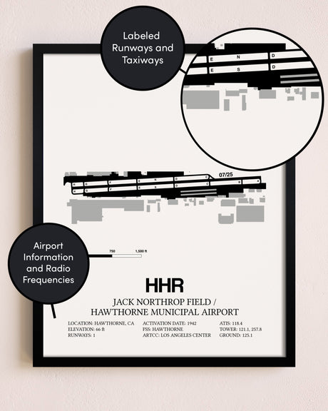 Framed Jack Northrop Field / Hawthorne Municipal Airport layout wall art poster