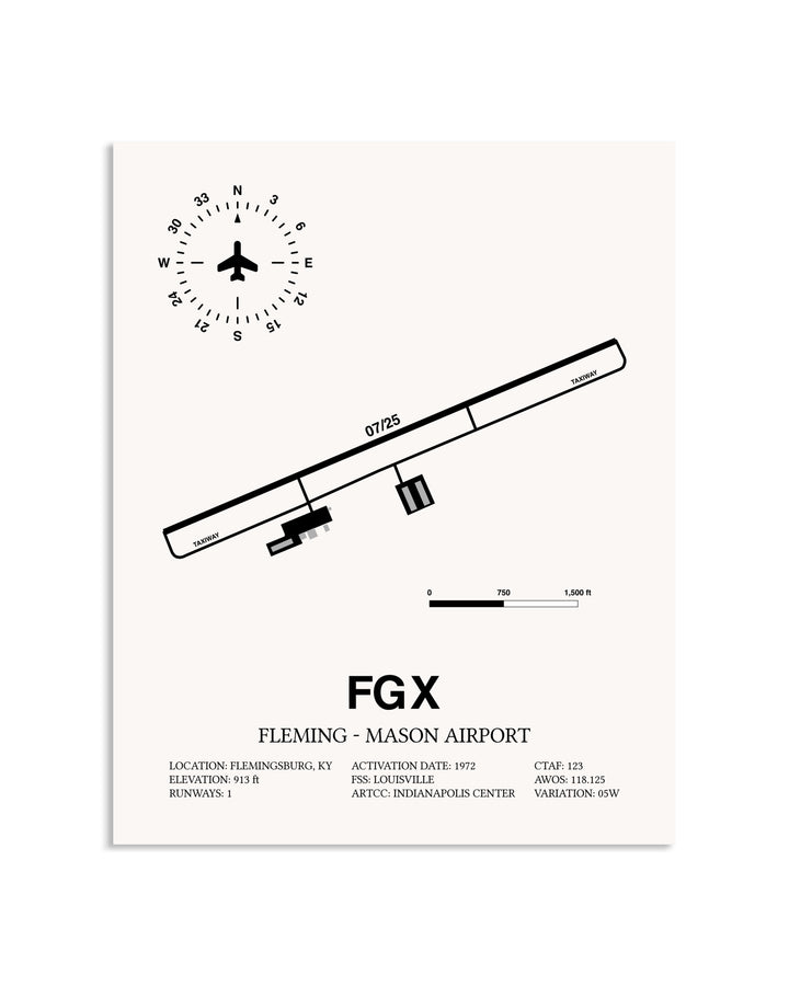 Gray Fleming-Mason Airport framed poster displayed in an airplane hangar