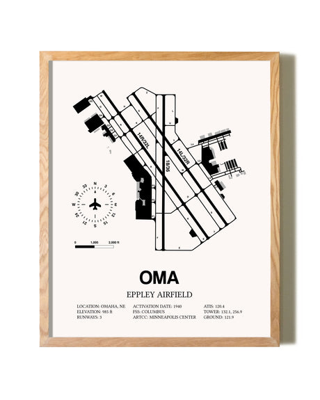 Eppley Airfield framed print in natural wood frame