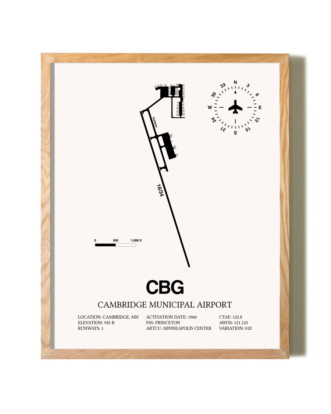 Cambridge Municipal Airport framed print in natural wood frame
