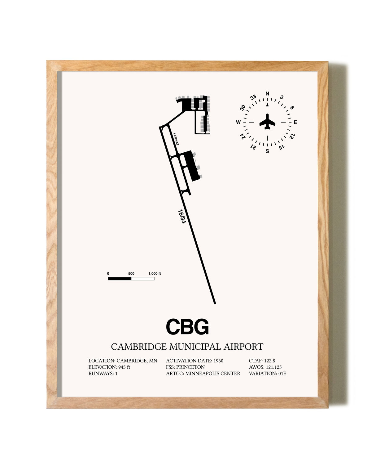 Cambridge Municipal Airport framed print in natural wood frame