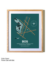 Boston Logan International Airport airport map poster in oak frame with mat