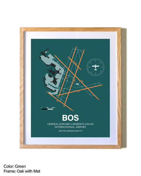 Boston Logan International Airport airport map poster in oak frame with mat