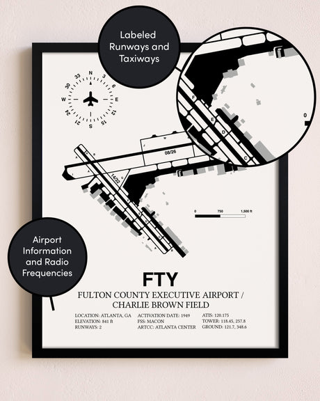 Framed Fulton County Executive Airport / Charlie Brown Field layout wall art poster
