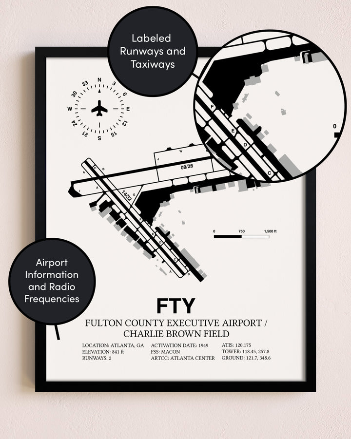 Framed Fulton County Executive Airport / Charlie Brown Field layout wall art poster