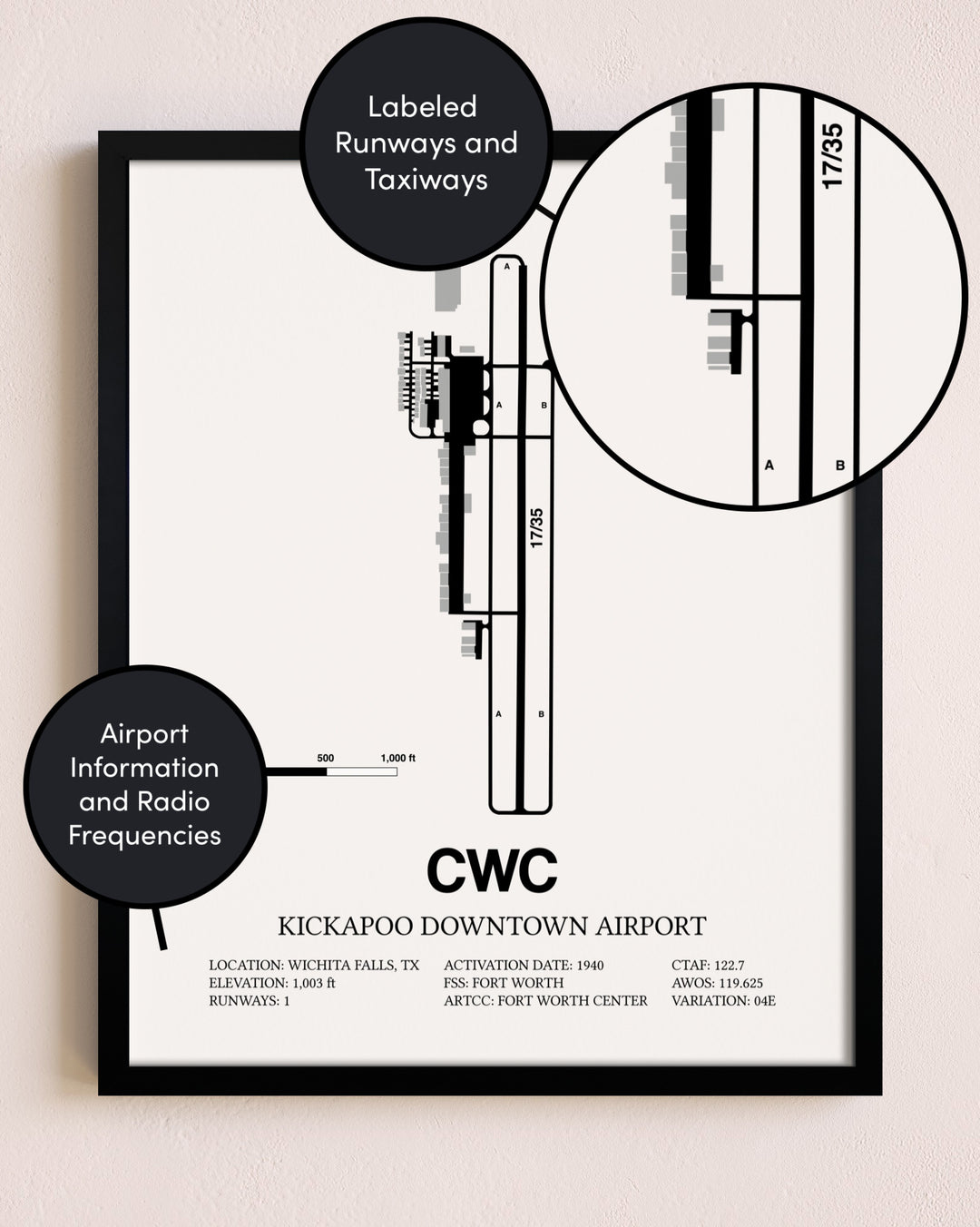 Framed Kickapoo Downtown Airport layout wall art poster